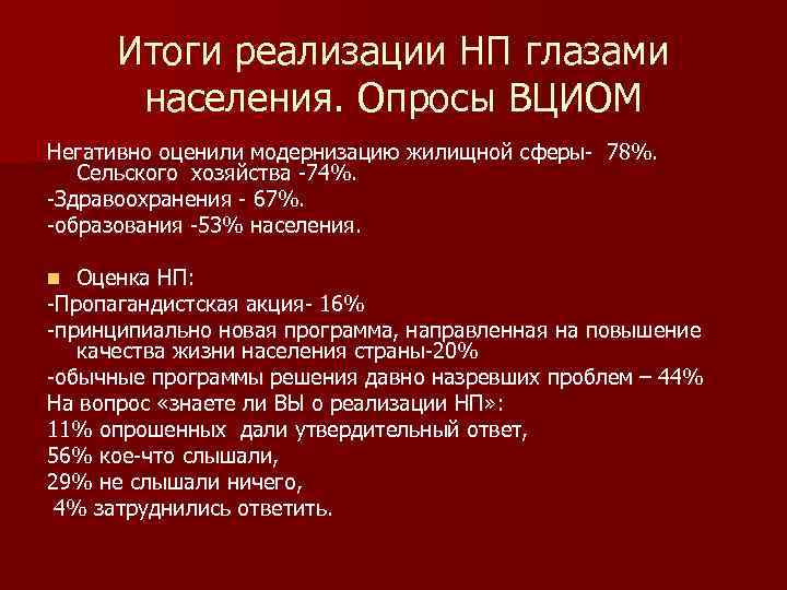 Итоги реализации НП глазами населения. Опросы ВЦИОМ Негативно оценили модернизацию жилищной сферы- 78%. Сельского