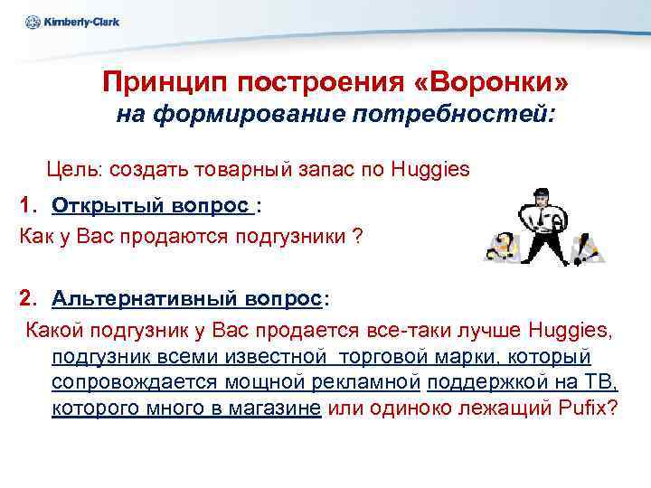 Ukraine Kimberly-Clark Принцип построения «Воронки» на формирование потребностей: Цель: создать товарный запас по Huggies