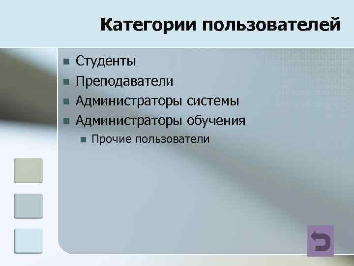 Категории пользователей n n Студенты Преподаватели Администраторы системы Администраторы обучения n Прочие пользователи 