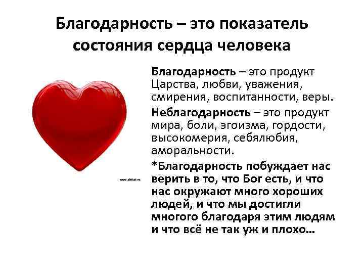 Благодарность – это показатель состояния сердца человека Благодарность – это продукт Царства, любви, уважения,