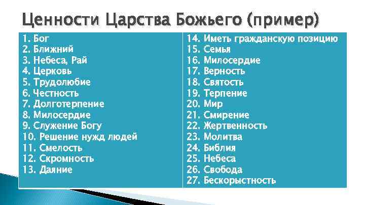 Ценности Царства Божьего (пример) 1. Бог 2. Ближний 3. Небеса, Рай 4. Церковь 5.