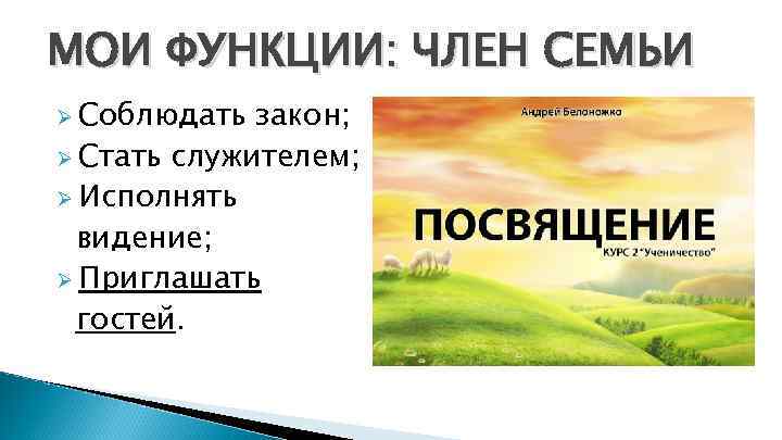 МОИ ФУНКЦИИ: ЧЛЕН СЕМЬИ Ø Соблюдать закон; Ø Стать служителем; Ø Исполнять видение; Ø