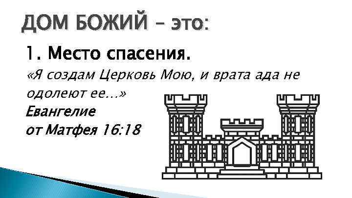 ДОМ БОЖИЙ – это: 1. Место спасения. «Я создам Церковь Мою, и врата ада