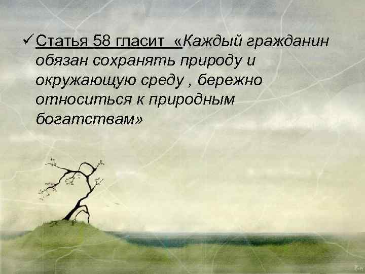 ü Статья 58 гласит «Каждый гражданин обязан сохранять природу и окружающую среду , бережно