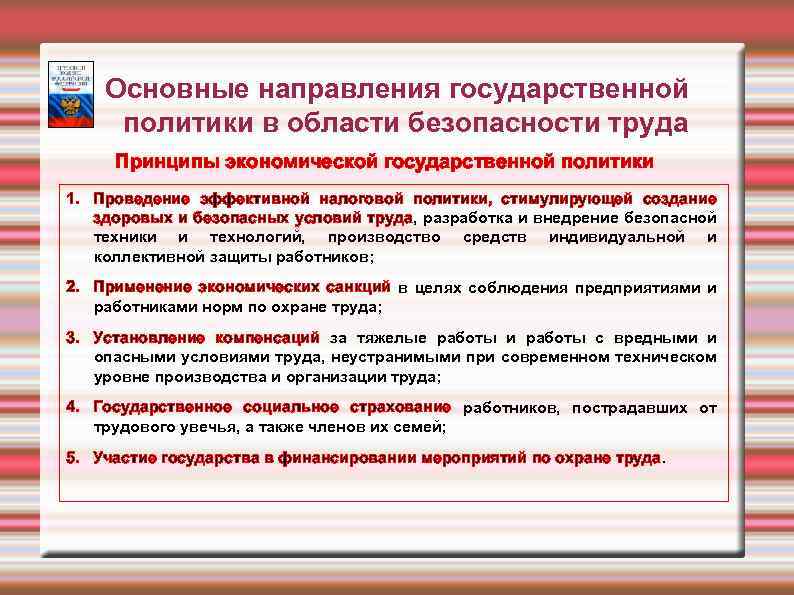 Основные направления государственной политики в области безопасности труда Принципы экономической государственной политики 1. Проведение