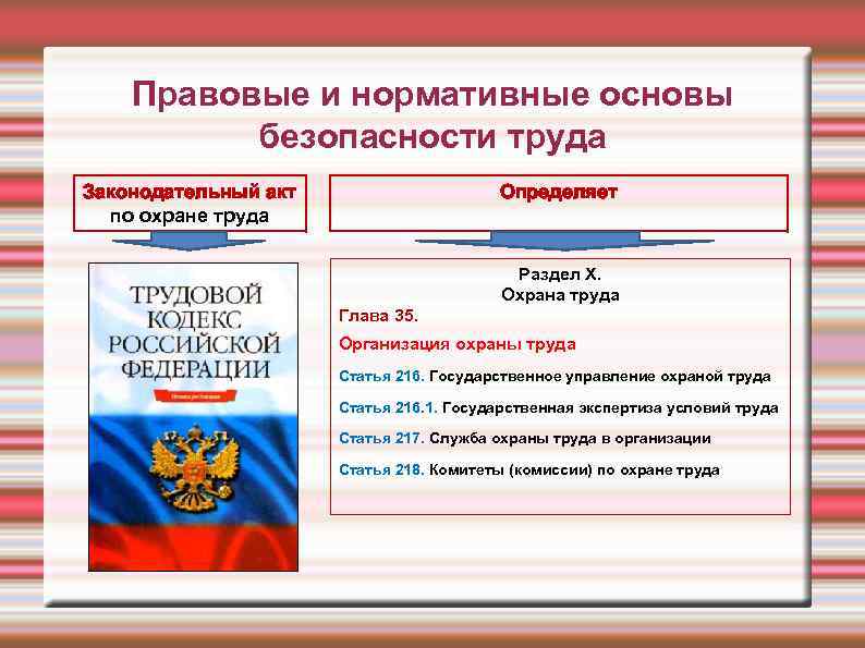 Правовые и нормативные основы безопасности труда Законодательный акт по охране труда Определяет Раздел X.