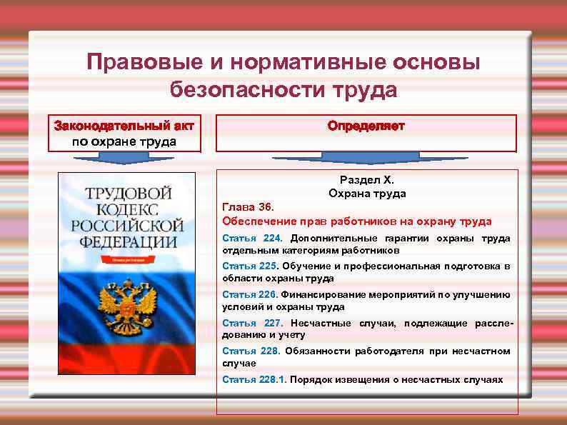 Правовые и нормативные основы безопасности труда Законодательный акт по охране труда Определяет Раздел X.