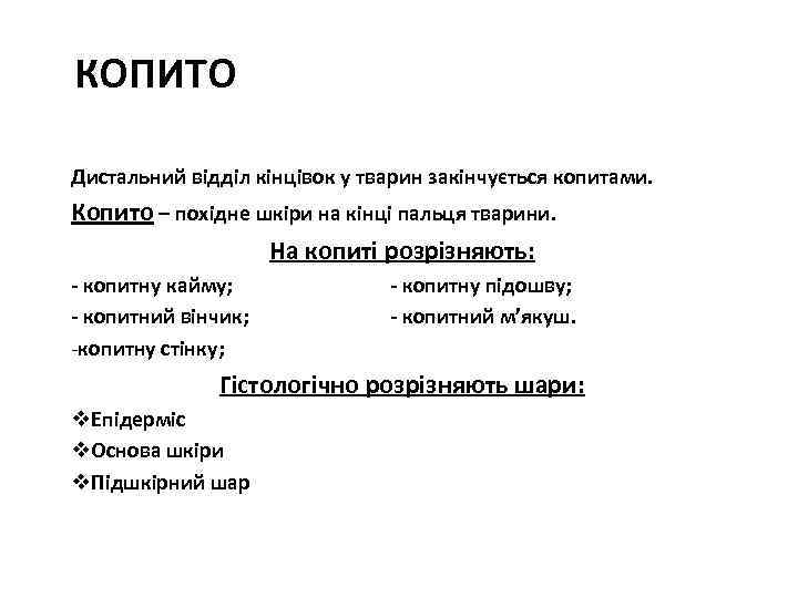 КОПИТО Дистальний відділ кінцівок у тварин закінчується копитами. Копито – похідне шкіри на кінці