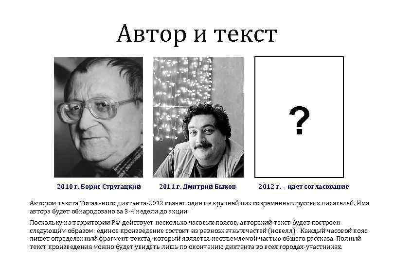 Автор и текст ? 2010 г. Борис Стругацкий 2011 г. Дмитрий Быков 2012 г.