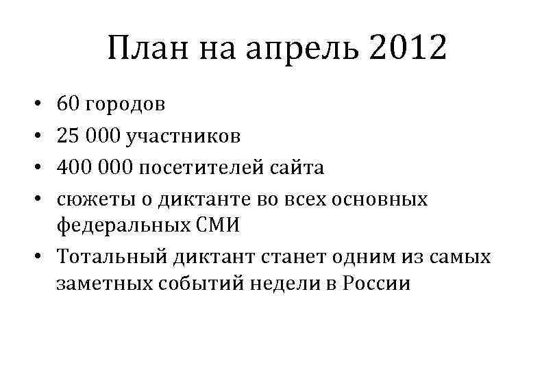 План на апрель 2012 60 городов 25 000 участников 400 000 посетителей сайта сюжеты