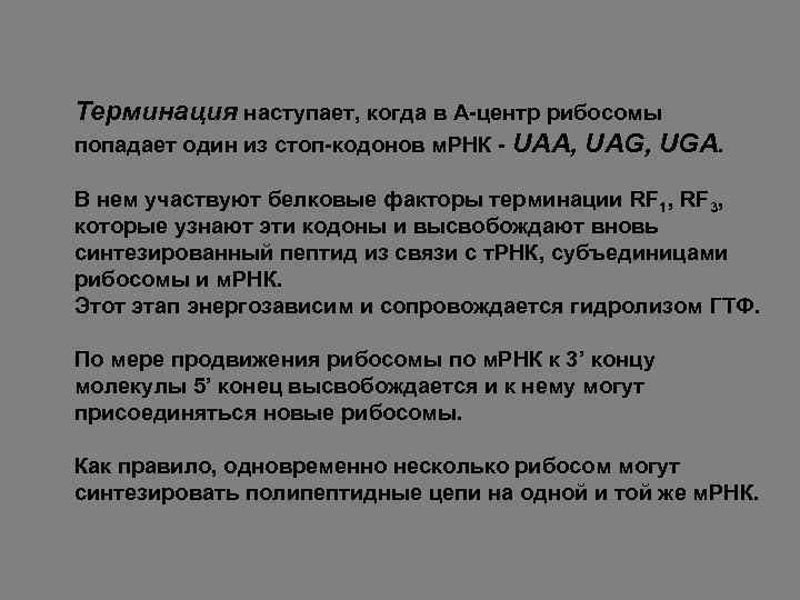 Терминация наступает, когда в А-центр рибосомы попадает один из стоп-кодонов м. РНК - UAA,