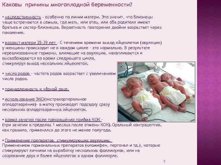 Каковы причины многоплодной беременности? • наследственность - особенно по линии матери. Это значит, что