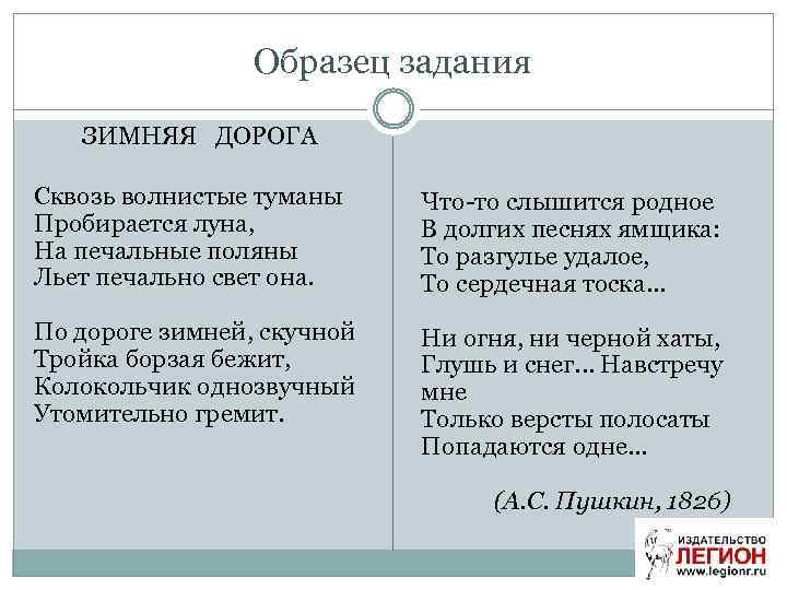 Образец задания ЗИМНЯЯ ДОРОГА Сквозь волнистые туманы Пробирается луна, На печальные поляны Льет печально