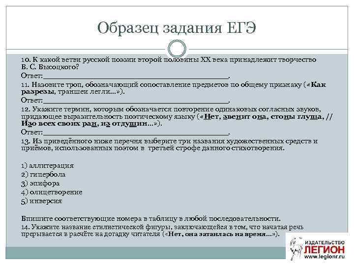 Образец задания ЕГЭ 10. К какой ветви русской поэзии второй половины ХХ века принадлежит