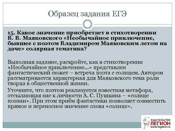 Образец задания ЕГЭ 15. Какое значение приобретает в стихотворении В. В. Маяковского «Необычайное приключение,