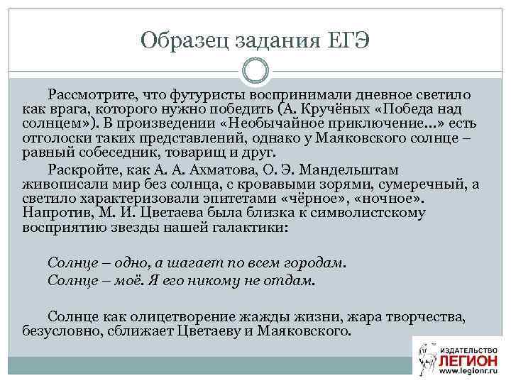 Образец задания ЕГЭ Рассмотрите, что футуристы воспринимали дневное светило как врага, которого нужно победить