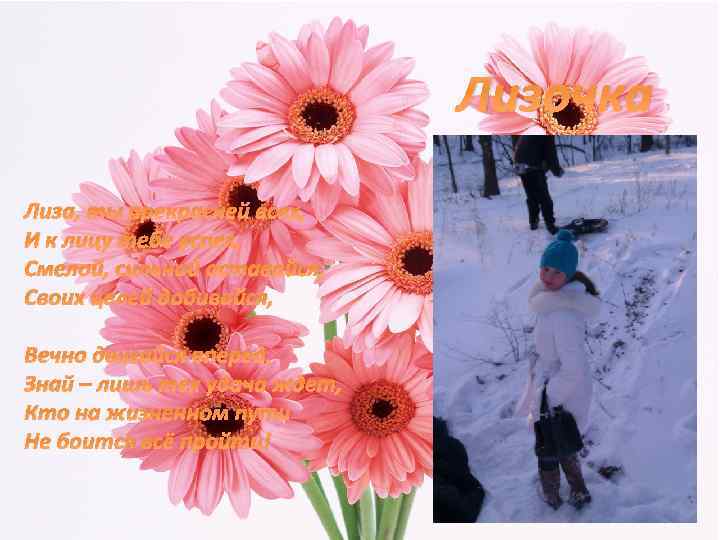 Лизочка Лиза, ты прекрасней всех, И к лицу тебе успех, Смелой, сильной оставайся, Своих