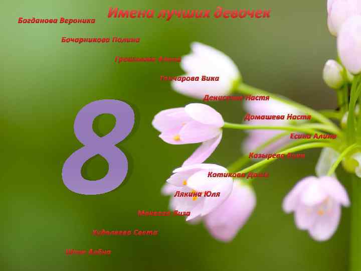 Богданова Вероника Имена лучших девочек Бочарникова Полина 8 Грешилова Алина Гончарова Вика Денисенко Настя