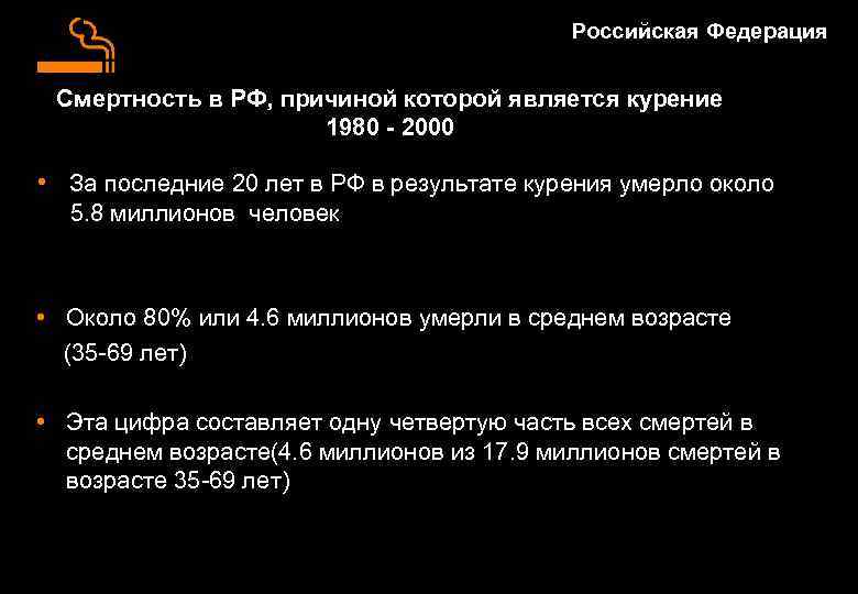 Российская Федерация Смертность в РФ, причиной которой является курение 1980 - 2000 • За