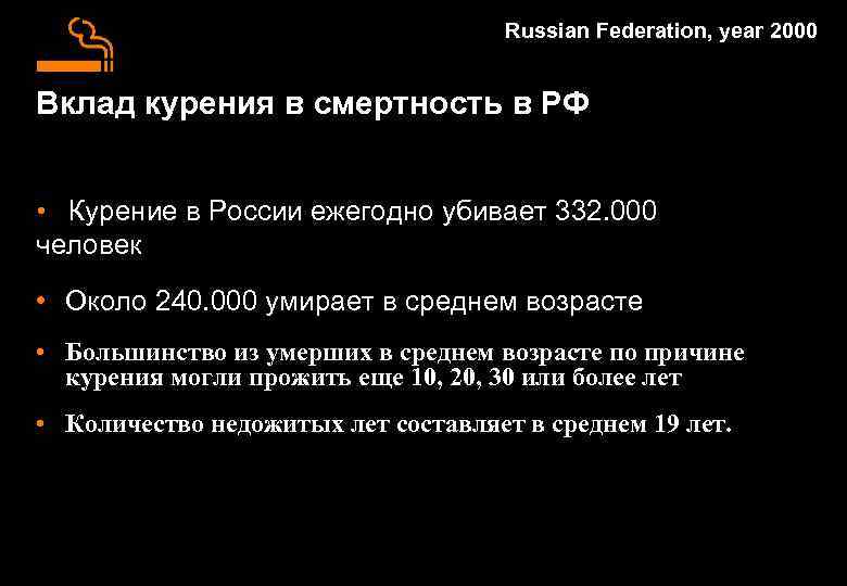 Russian Federation, year 2000 Вклад курения в смертность в РФ • Курение в России
