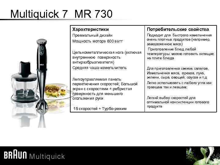 Multiquick 7 MR 730 Характеристики Потребительские свойства Премиальный дизайн Мощность мотора 600 ватт Подходит