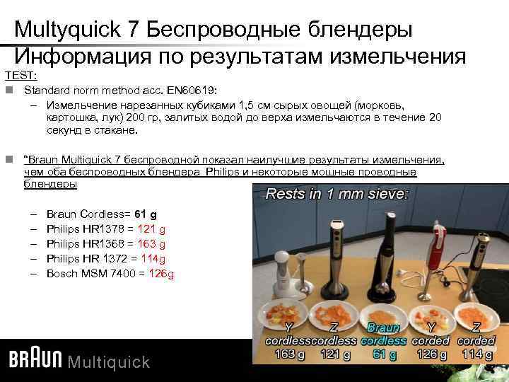 Multyquick 7 Беспроводные блендеры Информация по результатам измельчения TEST: Standard norm method acc. EN