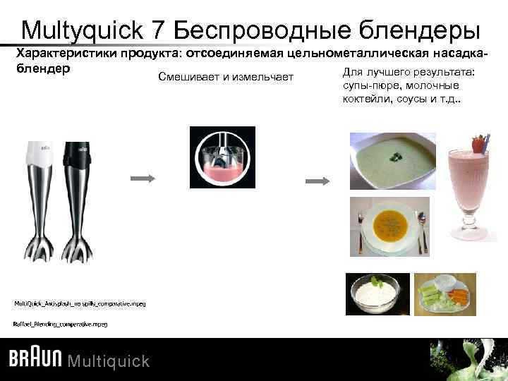 Multyquick 7 Беспроводные блендеры Характеристики продукта: отсоединяемая цельнометаллическая насадкаблендер Для лучшего результата: Смешивает и