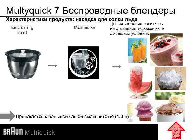 Multyquick 7 Беспроводные блендеры Характеристики продукта: насадка для колки льда Ice-crushing insert Crushes ice