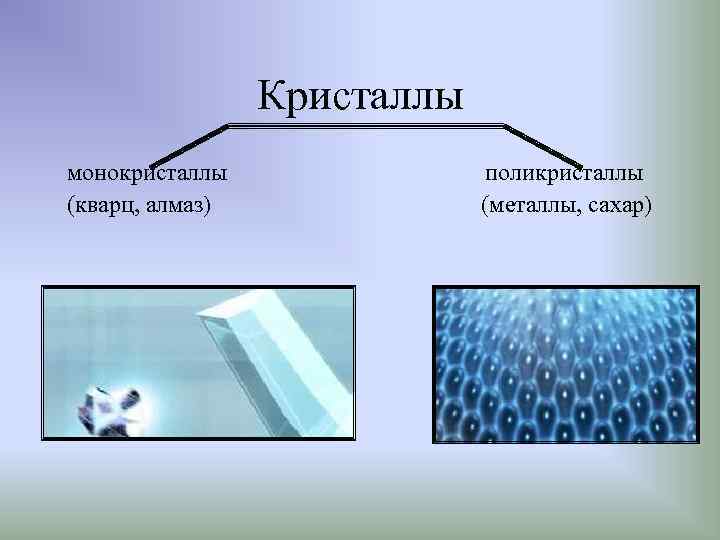 Кристаллы монокристаллы (кварц, алмаз) поликристаллы (металлы, сахар) 