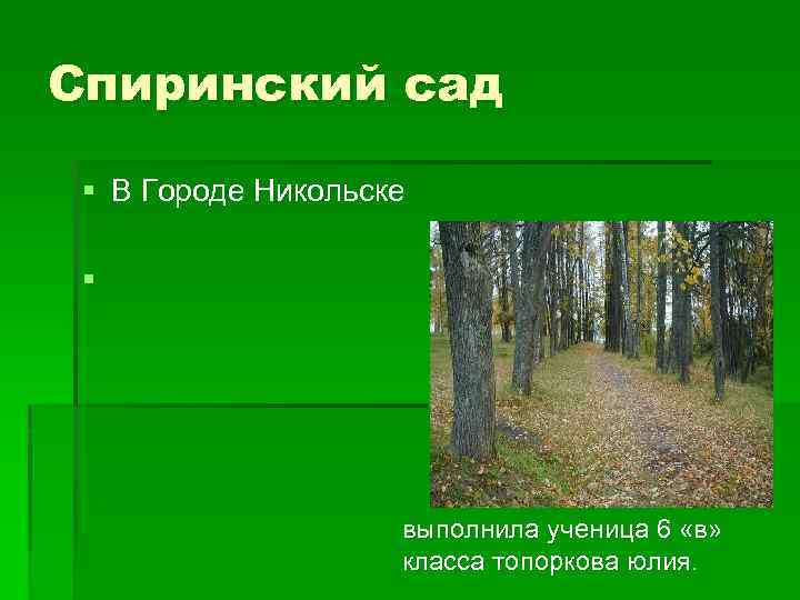 Спиринский сад § В Городе Никольске § выполнила ученица 6 «в» класса топоркова юлия.