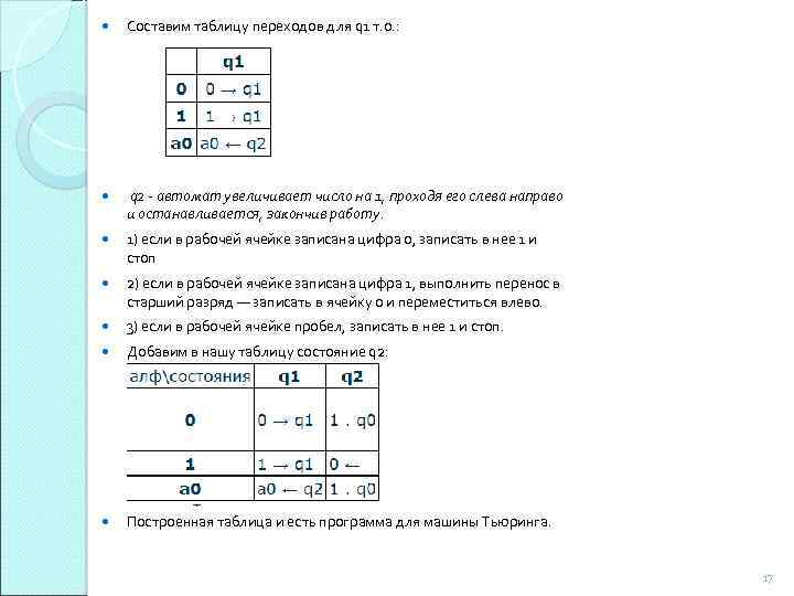  Составим таблицу переходов для q 1 т. о. : q 2 - автомат