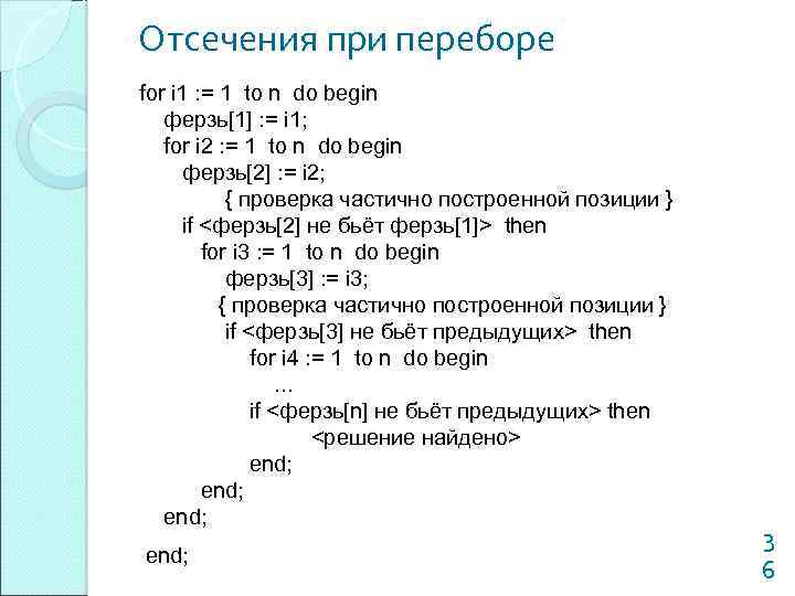 Отсечения при переборе for i 1 : = 1 to n do begin ферзь[1]