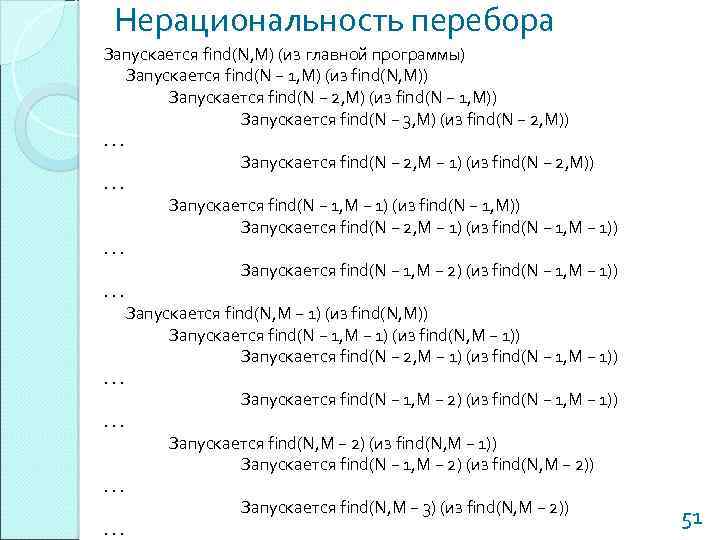 Нерациональность перебора Запускается find(N, M) (из главной программы) Запускается find(N − 1, M) (из