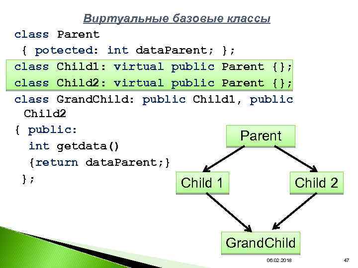 Виртуальные базовые классы class Parent { potected: int data. Parent; }; class Child 1: