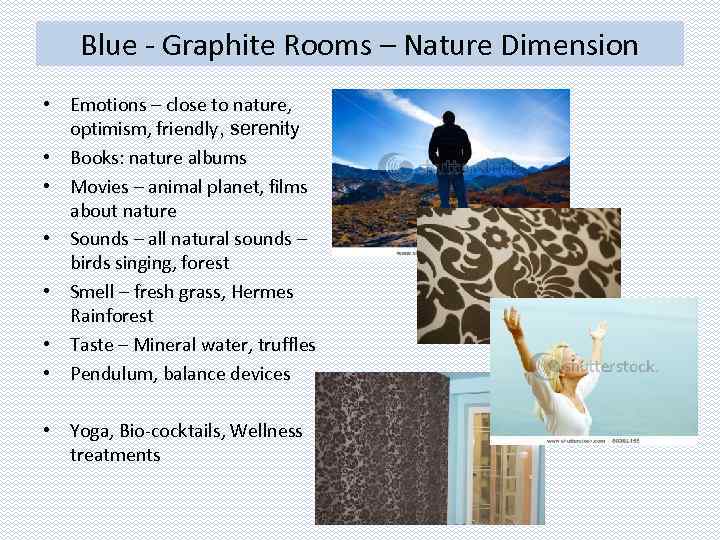 Blue - Graphite Rooms – Nature Dimension • Emotions – close to nature, optimism,