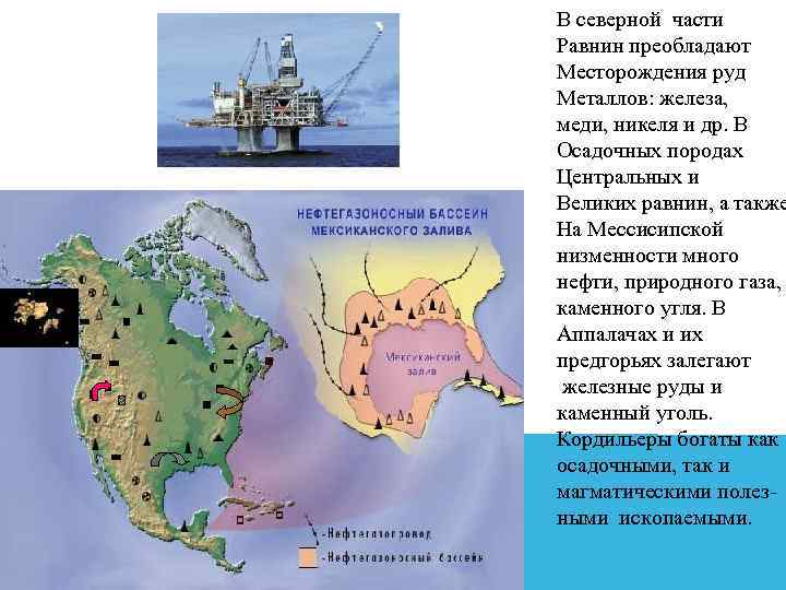 В северной части Равнин преобладают Месторождения руд Металлов: железа, меди, никеля и др. В