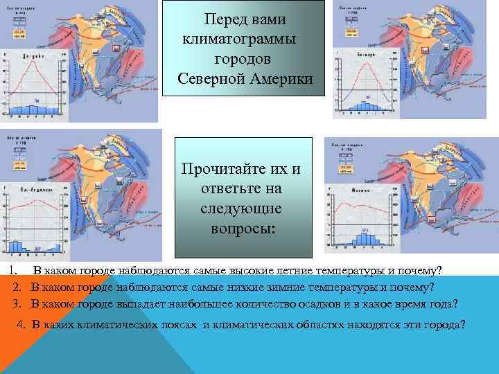 Перед вами климатограммы городов Северной Америки Прочитайте их и ответьте на следующие вопросы: 1.