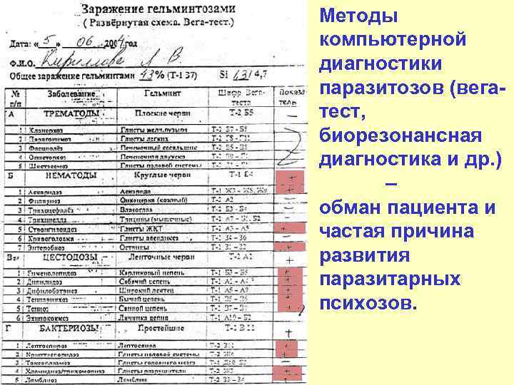 Методы компьютерной диагностики паразитозов (вегатест, биорезонансная диагностика и др. ) – обман пациента и