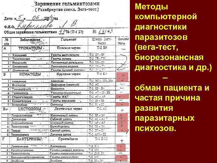 Методы компьютерной диагностики паразитозов (вега-тест, биорезонансная диагностика и др. ) – обман пациента и