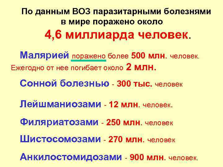 По данным ВОЗ паразитарными болезнями в мире поражено около 4, 6 миллиарда человек. Малярией