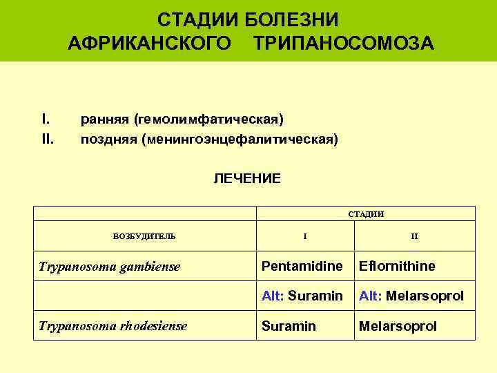 СТАДИИ БОЛЕЗНИ АФРИКАНСКОГО ТРИПАНОСОМОЗА I. II. ранняя (гемолимфатическая) поздняя (менингоэнцефалитическая) ЛЕЧЕНИЕ СТАДИИ ВОЗБУДИТЕЛЬ I