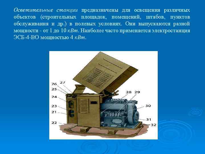 Осветительные станции предназначены для освещения различных объектов (строительных площадок, помещений, штабов, пунктов обслуживания и