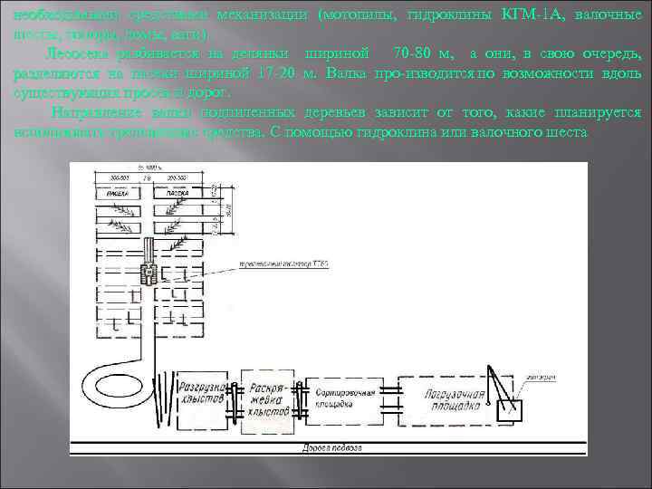 необходимыми средствами механизации (мотопилы, гидроклины КГМ 1 А, валочные шесты, топоры, ломы, ваги). Лесосека