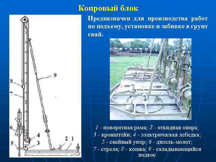 Копровый блок Предназначен для производства работ по подъему, установке и забивке в грунт свай.