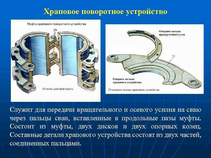 Храповое поворотное устройство Служит для передачи вращательного и осевого усилия на сваю через пальцы