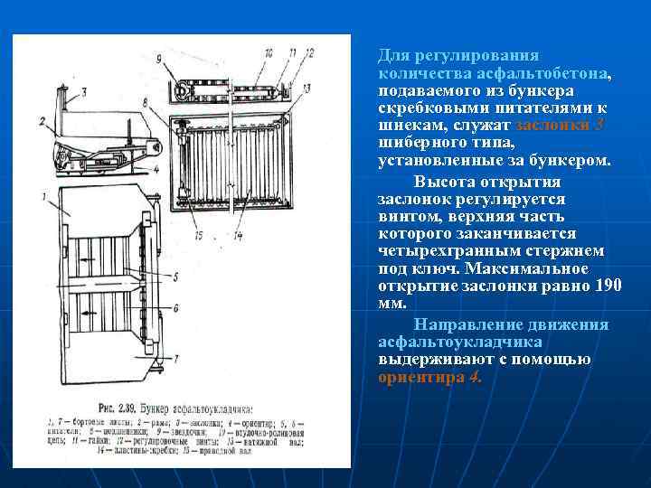 Для регулирования количества асфальтобетона, подаваемого из бункера скребковыми питателями к шнекам, служат заслонки 3