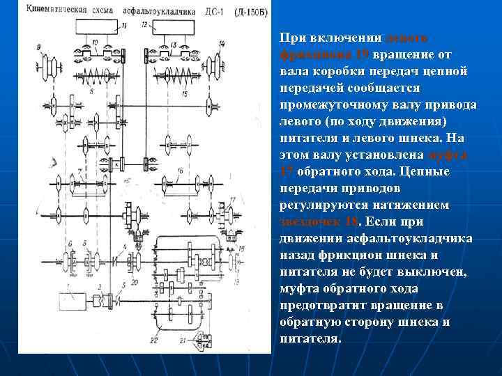 При включении левого фрикциона 19 вращение от вала коробки передач цепной передачей сообщается промежуточному