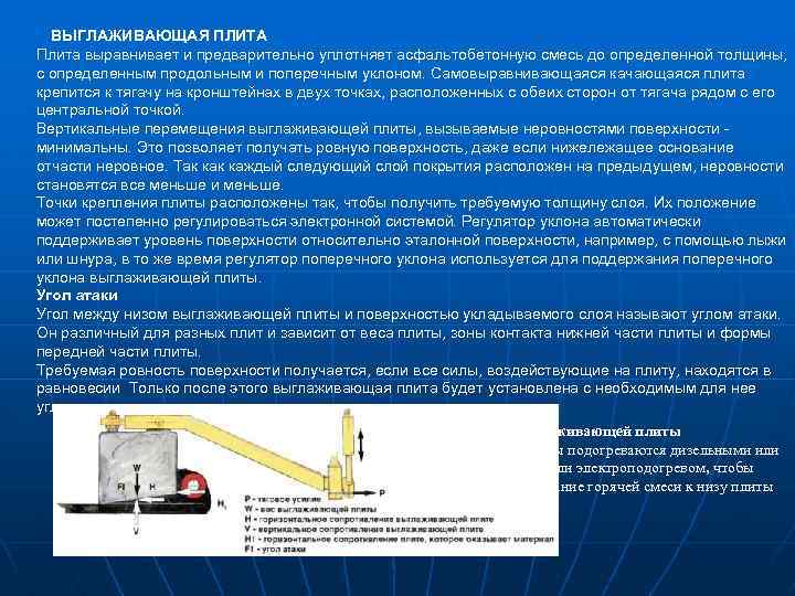 ВЫГЛАЖИВАЮЩАЯ ПЛИТА Плита выравнивает и предварительно уплотняет асфальтобетонную смесь до определенной толщины, с определенным