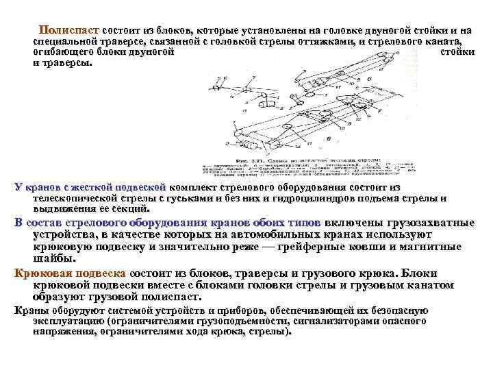 Полиспаст состоит из блоков, которые установлены на головке двуногой стойки и на специальной траверсе,