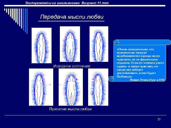 Эксперименты со школьниками Возраст 11 лет Передача мысли любви Исходное состояние Исходное «Очень показательно,
